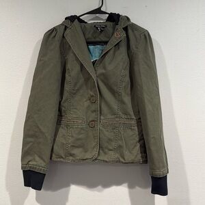Zoo York Dark Army Green Button Up Denim Jacket with Hood - Size Small